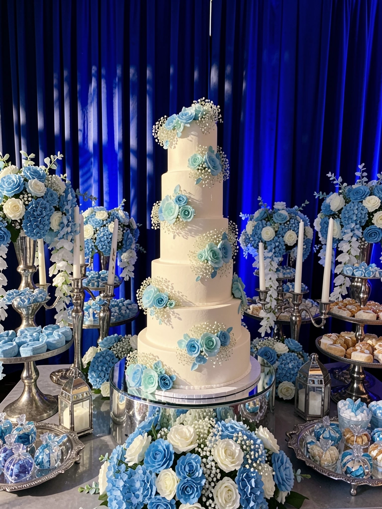 Bolo de casamento branco com flores azuis e teal sobre pedestal espelhado, arranjos florais em castiçais de prata e cortina azul escura com luzes.
