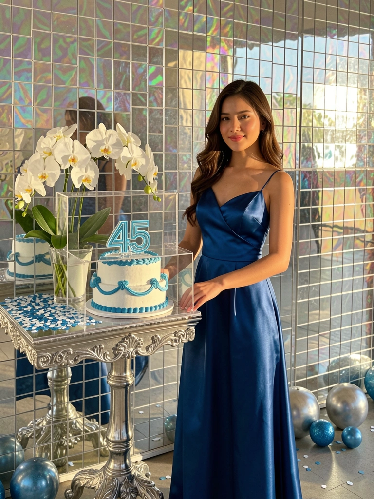 Mulher de vestido azul escuro ao lado de bolo decorado com glacê azul e branco e número 45, parede de espelhos ao fundo, luz natural.