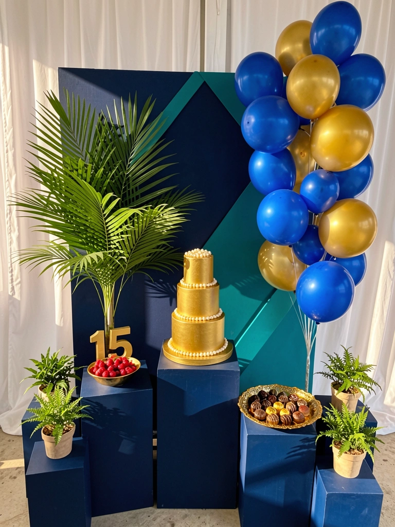 Bolo dourado de três camadas com pérolas comestíveis, balões azuis e dourados, folhas de palmeira e fundo geométrico azul escuro com detalhes em verde-azulado.
