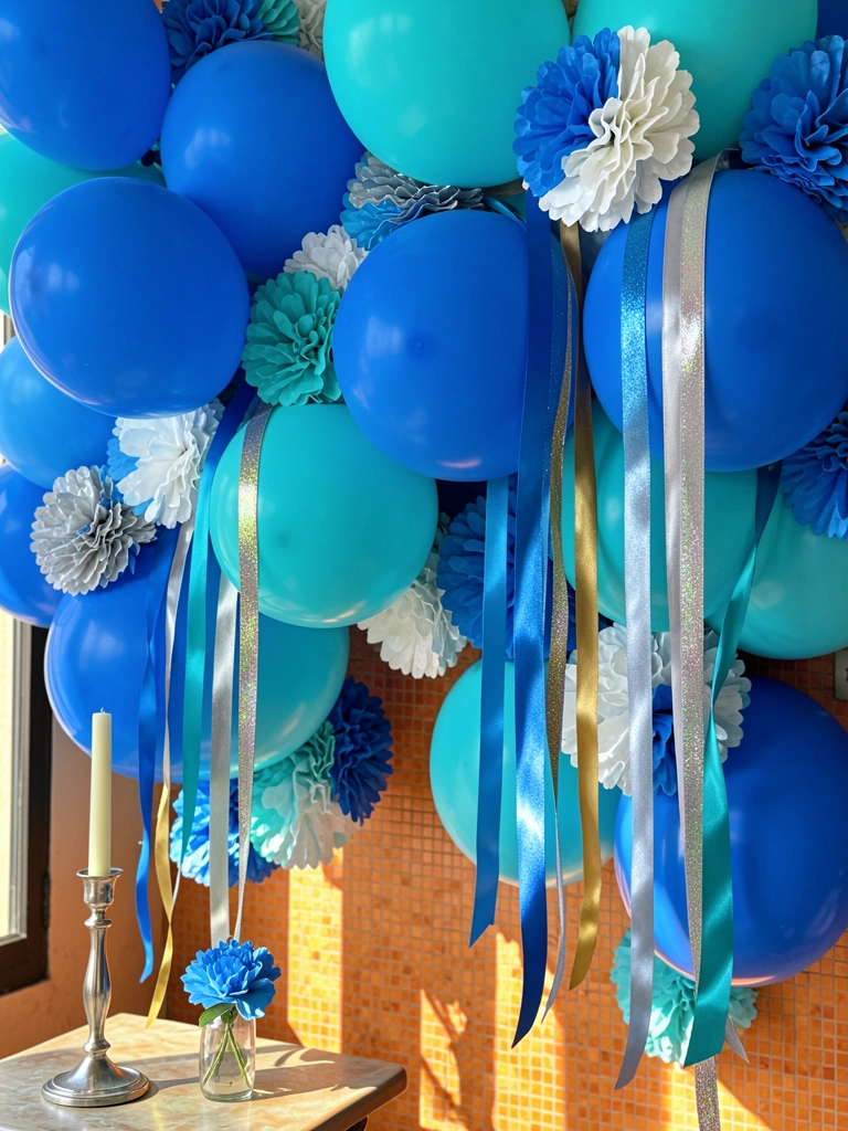 Guirlanda de balões azuis com pompons de papel e fitas cetim, mesa com castiçal de prata e flor azul, luz natural filtrada.