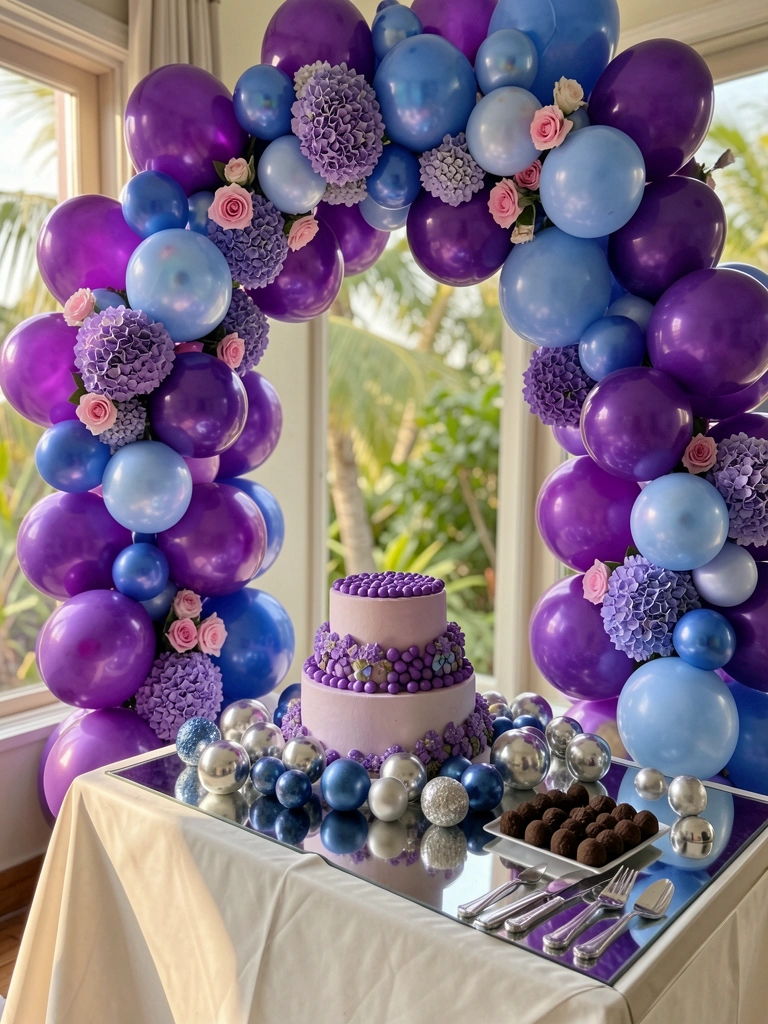 Balões roxos e azuis, alguns iridescentes, com hortênsias e rosas saindo de um arco decorativo; bolo de aniversário de três andares com doces roxos e bolas prateadas espalhadas; luz natural suave incide sobre a mesa com toalha branca e trufas de chocolate.
