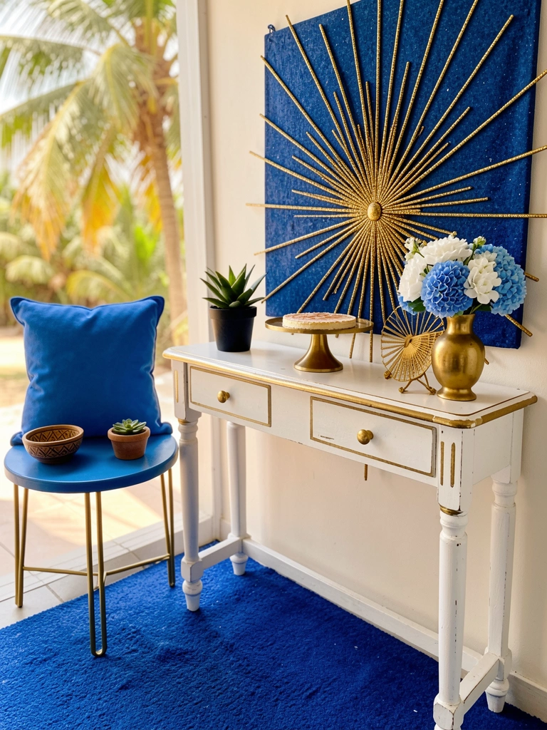 Mesa lateral azul com pés dourados ao lado de console branco com fundo estrelado dourado e bolo sobre suporte dourado, luz natural.