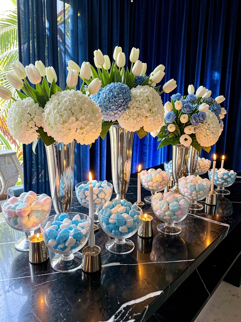 Mesa preta de mármore com arranjo de hortênsias brancas e tulipas em vasos prateados, velas e tigelas de vidro com doces azuis, cortina azul escura ao fundo com luz filtrada.