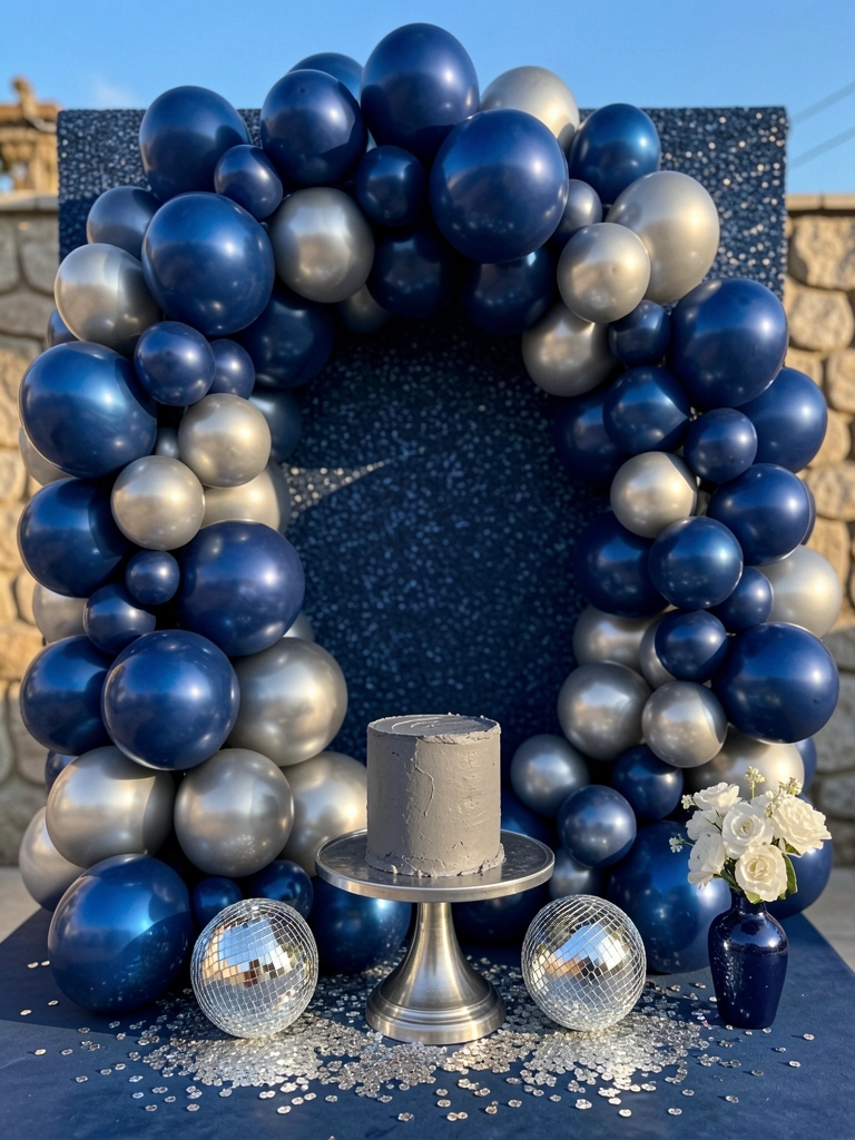 Arco de balões azul-marinho e prata com bolo cinza em suporte prateado, luz natural suave e parede texturizada ao fundo.