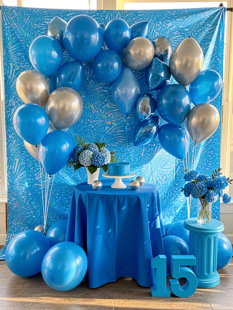 Fundo texturizado azul com padrão iridescente, balões azuis e prateados, mesa com bolo e arranjo de hortênsias, número 15 no chão, luz natural.