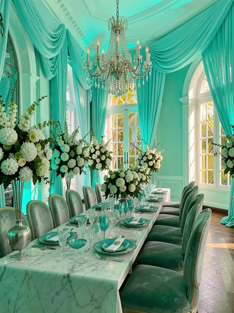Salão com paredes turquesa, cortinas de tecido, arranjos florais brancos e verdes, mesa de mármore com louças turquesa e prateadas, lustre de cristal, luz solar suave.