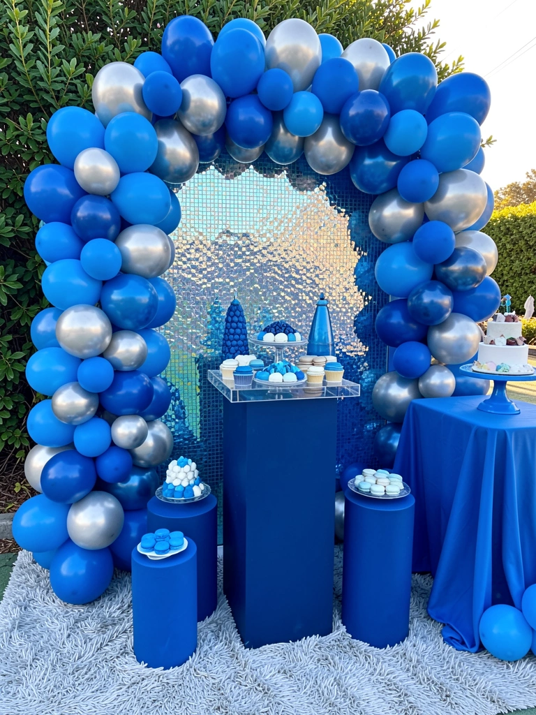 Arco de balões azuis e prateados sobre pedestal azul escuro com mesa de acrílico exibindo doces, fundo com painel iridescente e folhagem ao sol.