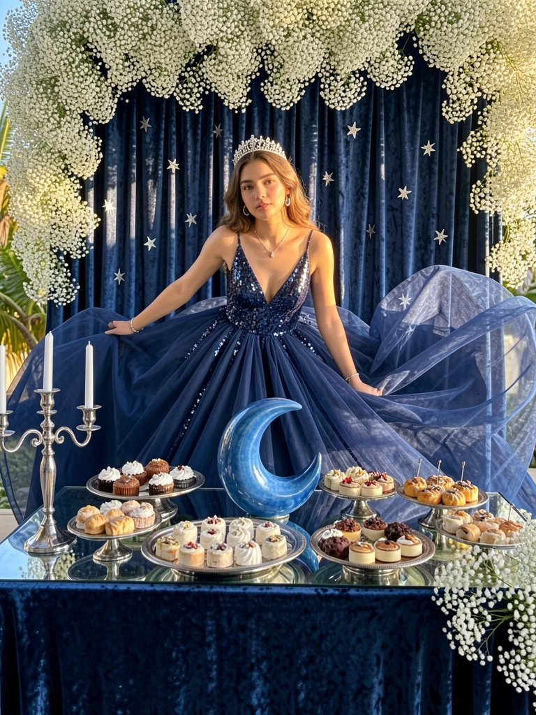 Vestido azul escuro com tule e tiara brilhante, mulher inclinada com saia rodopiante, mesa com toalha de veludo, candelabro de prata e centro de mesa de cerâmica azul, cortina azul com estrelas prateadas, luz natural.