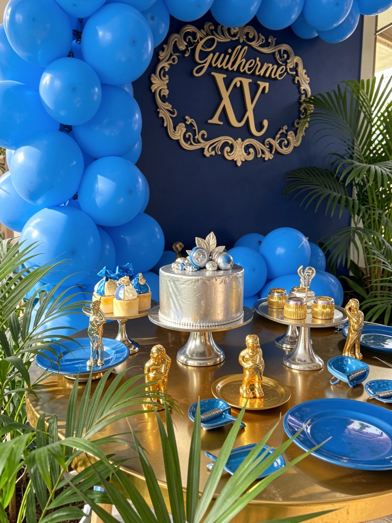 Close-up de mesa dourada com bolo prateado, sobremesas com detalhes em ouro e balões azuis, plantas verdes ao fundo e parede azul escura com letreiro 