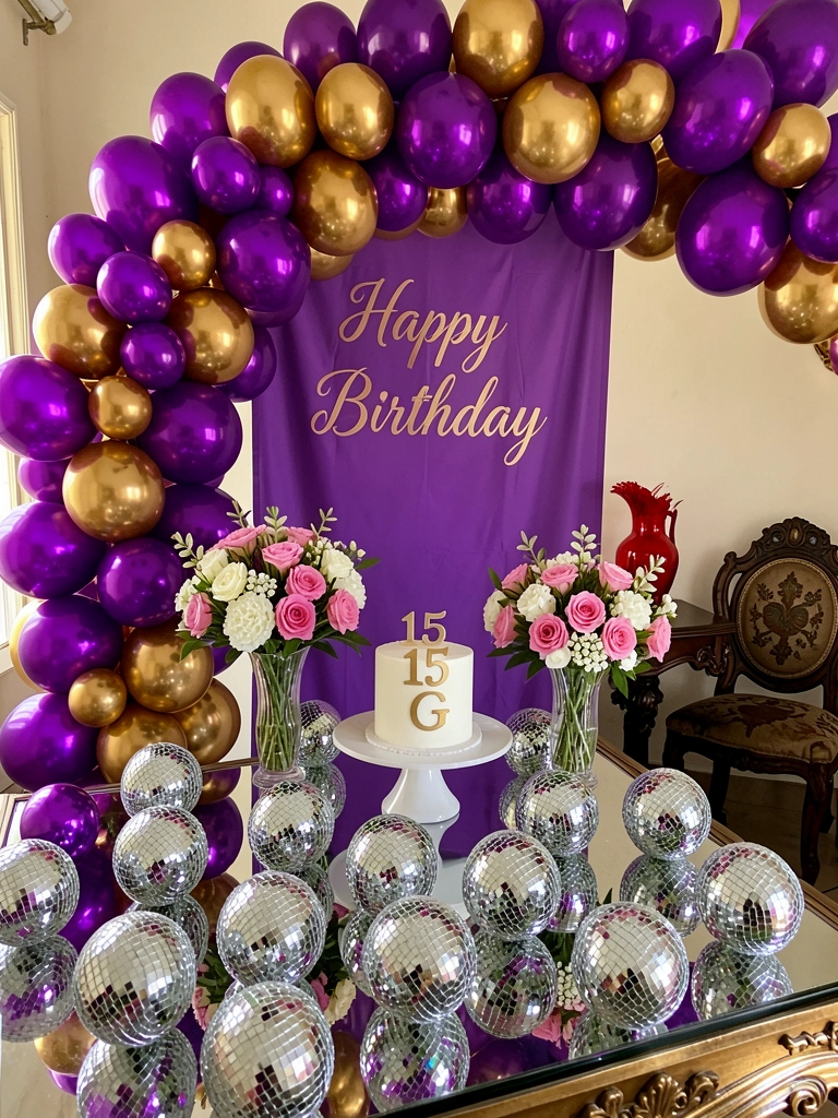 Arco de balões roxo e dourado, bolas de discoteca prateadas refletindo na mesa espelhada, bolo branco com 