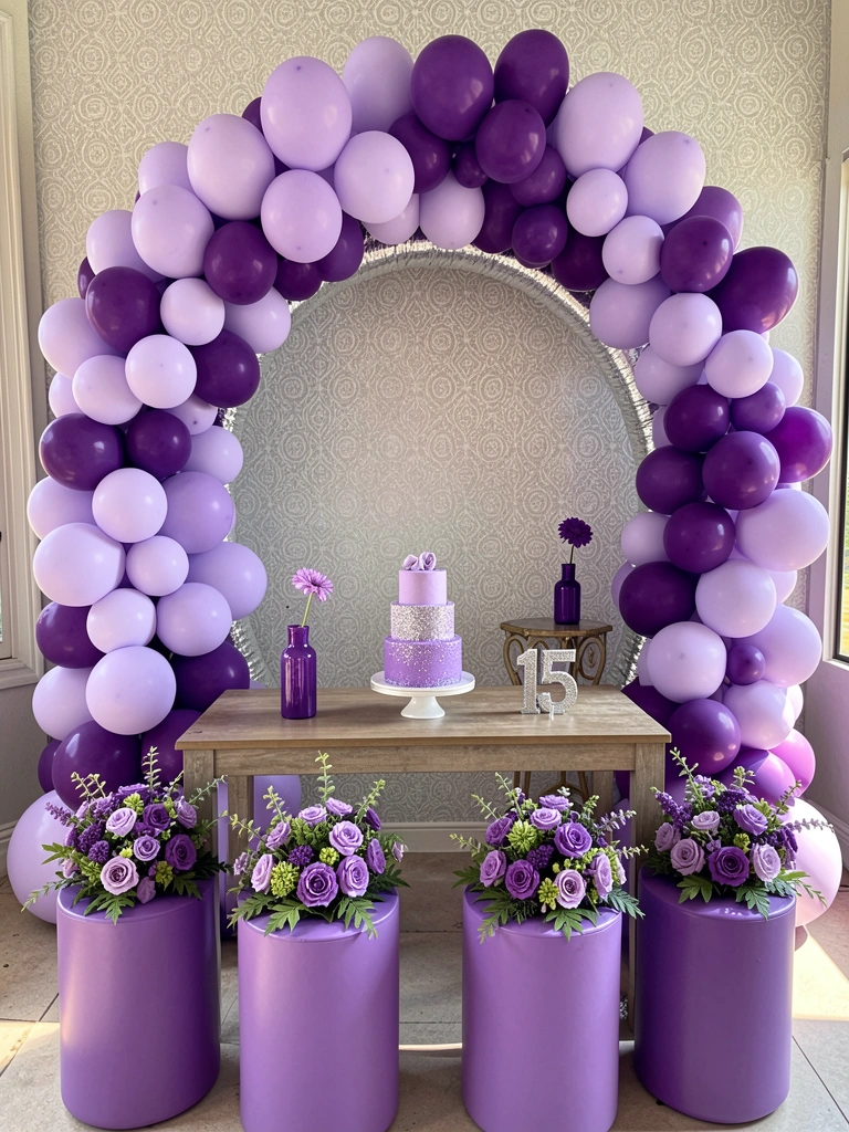 Arco de balões lilases e prateados sobre mesa com bolo roxo coberto de glitter, banquetas roxas com arranjos florais, parede texturizada cinza clara, luz natural.