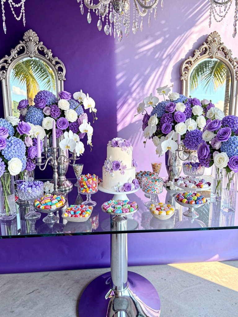 Mesa festiva com arranjos de rosas, hortênsias e orquídeas roxas e brancas em candelabros de prata e vasos de vidro, bolo decorado e doces, espelhos antigos e palmeira ao fundo.