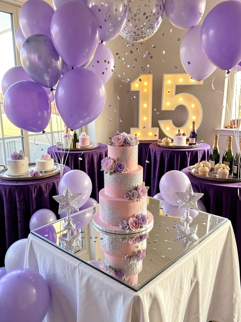 Bolo de aniversário rosa com glitter prateado comestível e flores, cercado por balões lilases e roxos, letreiro 
