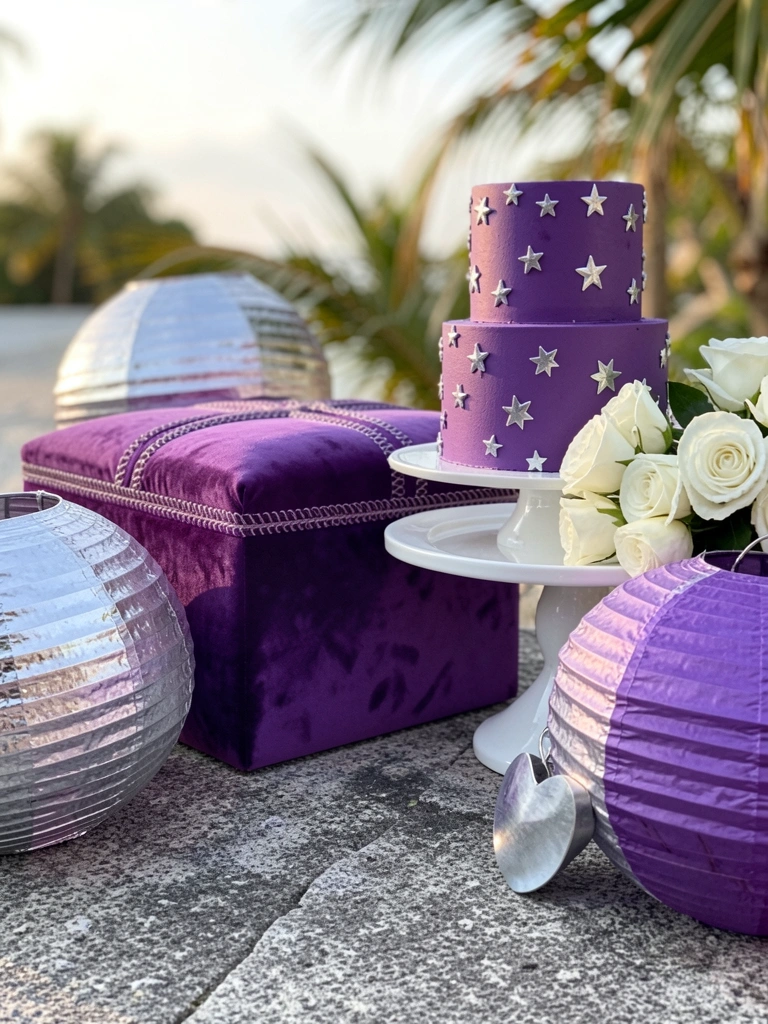 Pufe de veludo roxo com costuras, cercado por lanternas de papel prateadas e roxas, bolo roxo com estrelas comestíveis, buquê de rosas brancas sobre superfície de pedra cinza, luz natural.