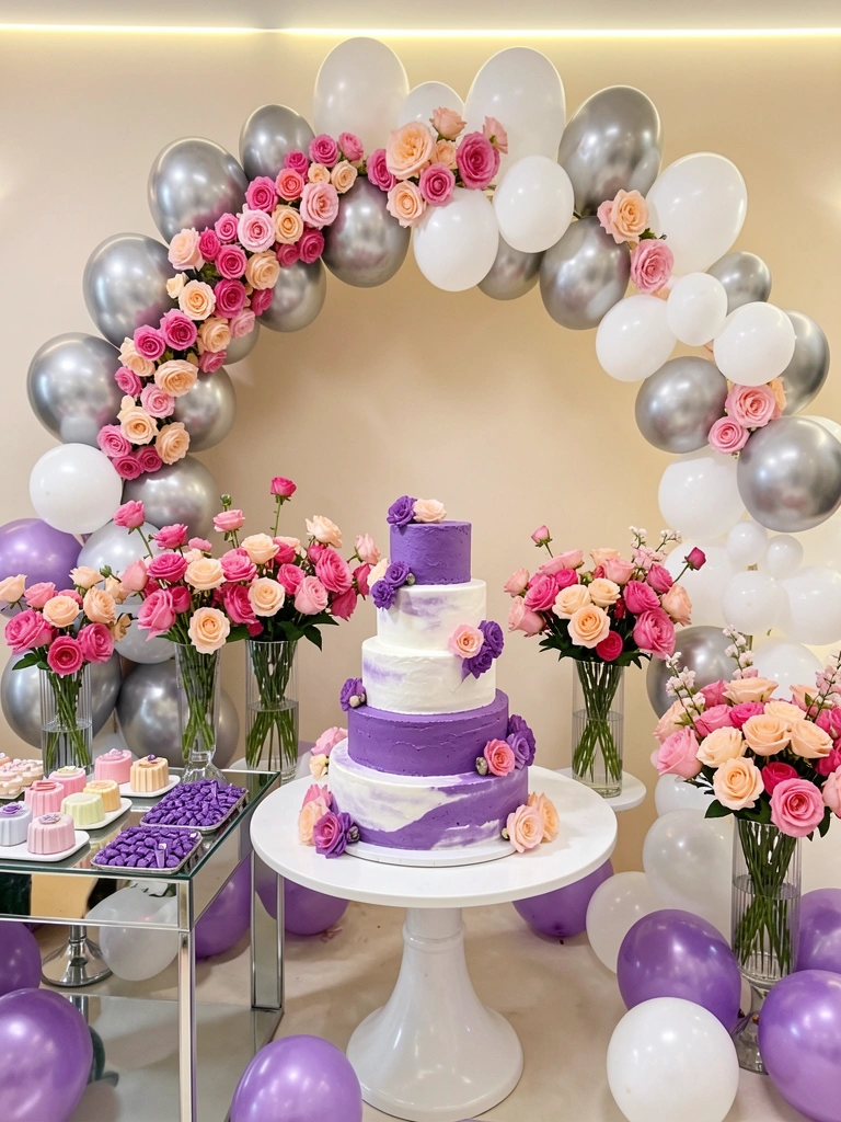 Bolo roxo e branco de três andares sobre mesa branca, cercado por flores rosa e pêssego em vasos elegantes, balões prateados e brancos em arco, e doces pastéis em bandejas espelhadas, sob iluminação LED difusa.