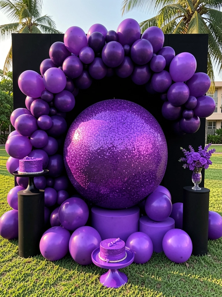 Arco de balões roxos escuros com esfera iridescente coberta de glitter, balões soltos em pedestais roxos, bolo roxo em suporte preto, fundo de parede preta e grama verde.
