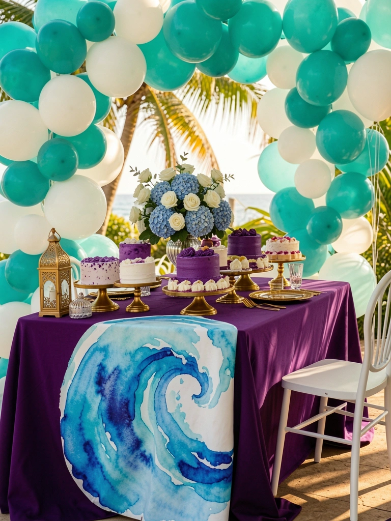 Mesa posta com toalha roxa, centro de flores brancas e azuis, bolos em tons de roxo e balões teal e brancos, luz natural.