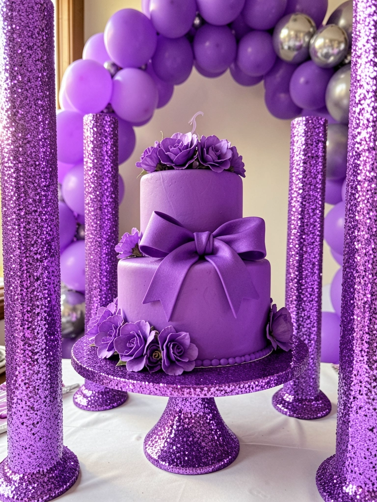 Bolo roxo de três andares com laço e flores roxas sobre suporte glitter, colunas e arco de balões roxos e prateados ao fundo, luz natural suave.