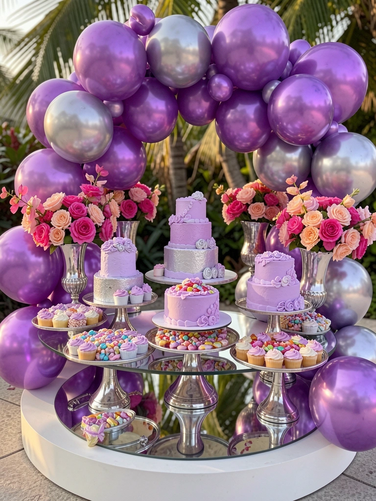 Mesa redonda branca com bolos roxos e pratas, cupcakes coloridos, balões iridescentes e flores rosas em vasos prateados, luz natural suave.