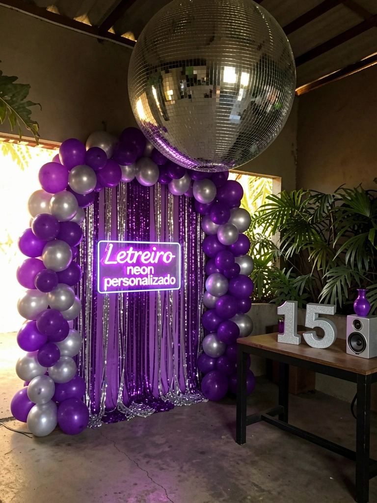 Bola de discoteca prateada pendurada sobre arco de balões roxos e prateados, letreiro neon 