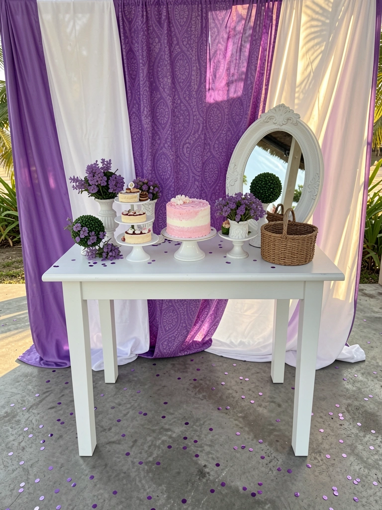 Mesa branca com bolo rosa e branco, arranjos florais roxos, topiárias verdes em pedestais, e confetes roxos no chão de concreto cinza, sob luz natural.