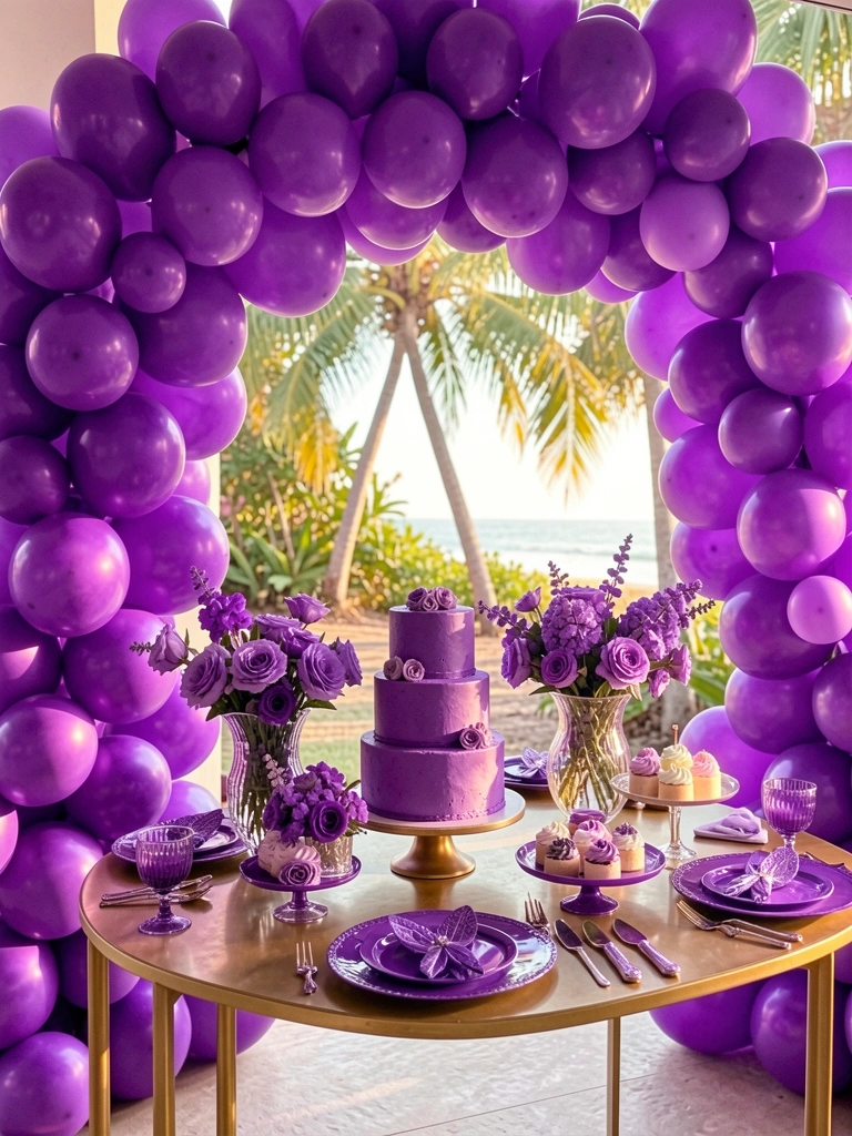 Cascata de balões roxos formando um arco sobre mesa dourada com bolo de três andares roxo, louça roxa e vaso de vidro com flores roxas, luz natural suave.