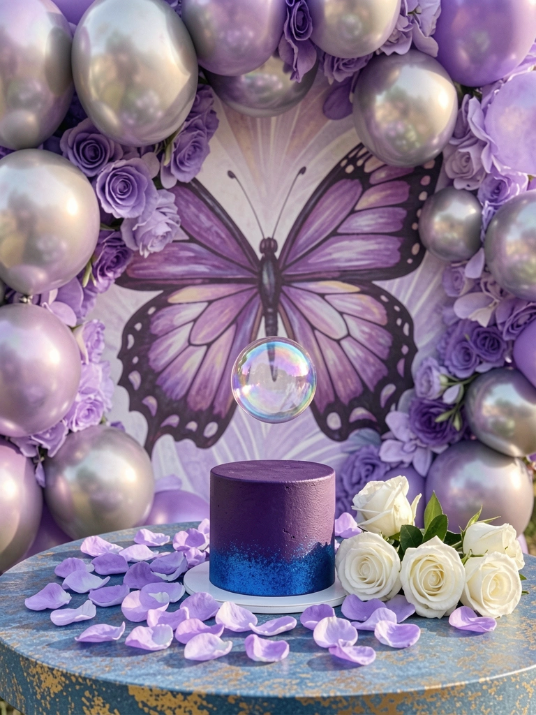 Mural de borboletas roxas e lilases com balões prateados iridescentes e pétalas de rosa, bolo roxo sobre mesa azul e dourada, luz natural tropical.