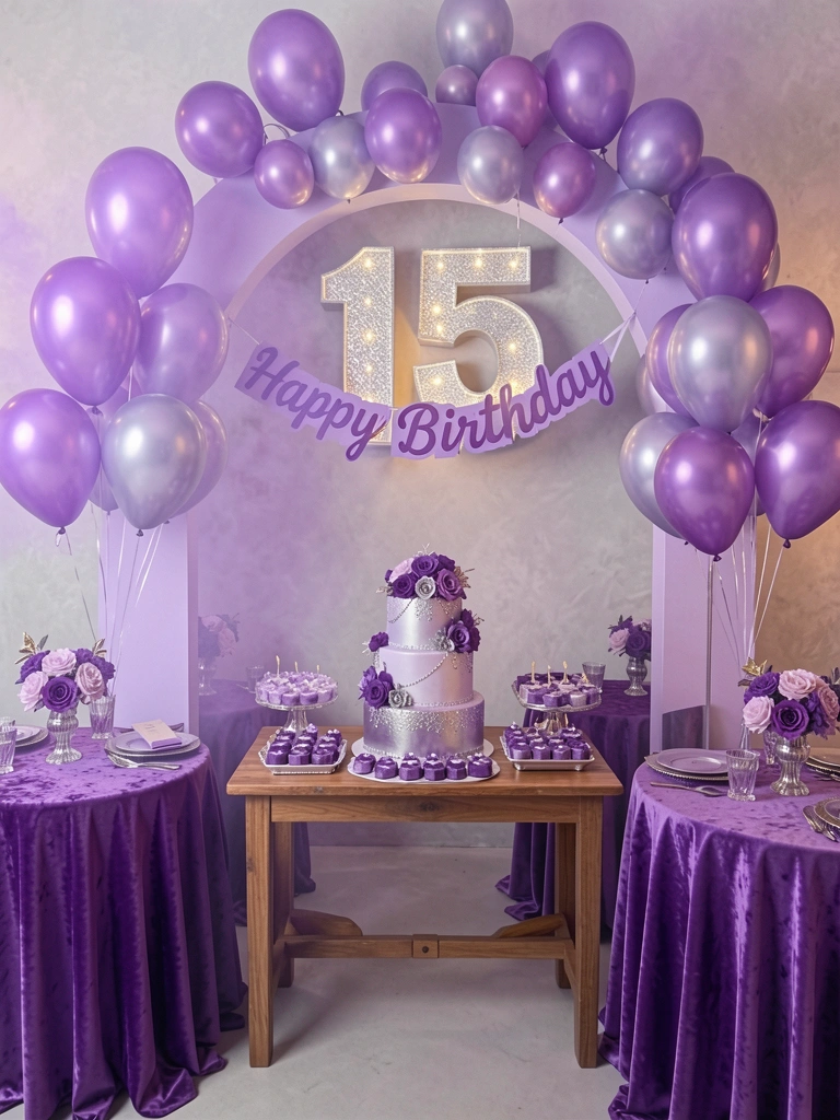 Bolo de três andares com flores roxas e detalhes prateados, balões roxos iridescentes flutuando, arco lavanda ao fundo e letreiro 