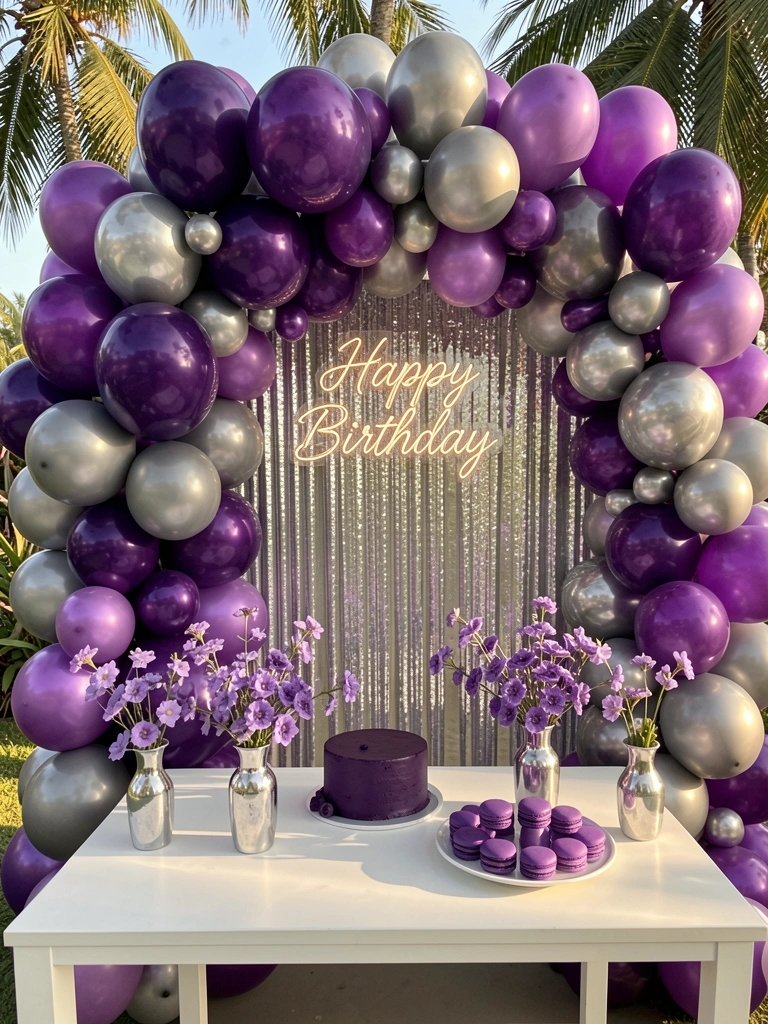 Arco de balões roxos, prateados e cinzas com flores roxas em vasos prateados sobre mesa branca, bolo roxo e macarons, cortina prateada e letreiro neon de 