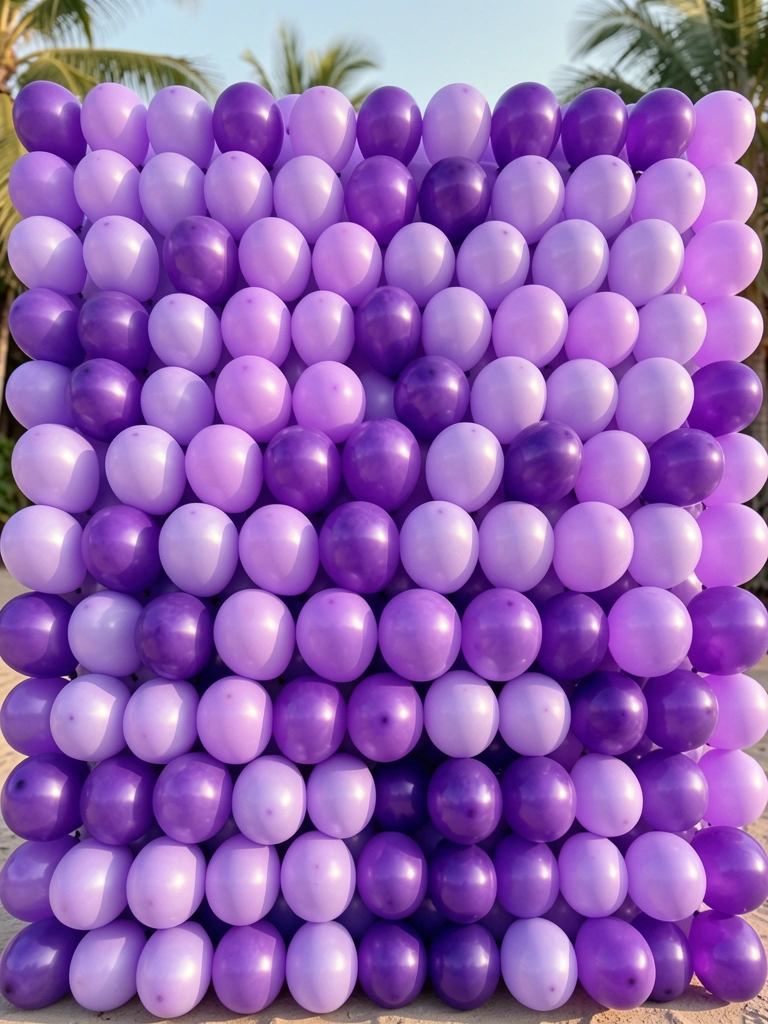 Grade quadrada de centenas de balões roxos orgânicos, do lavanda ao violeta, com reflexos sutis e luz natural suave.