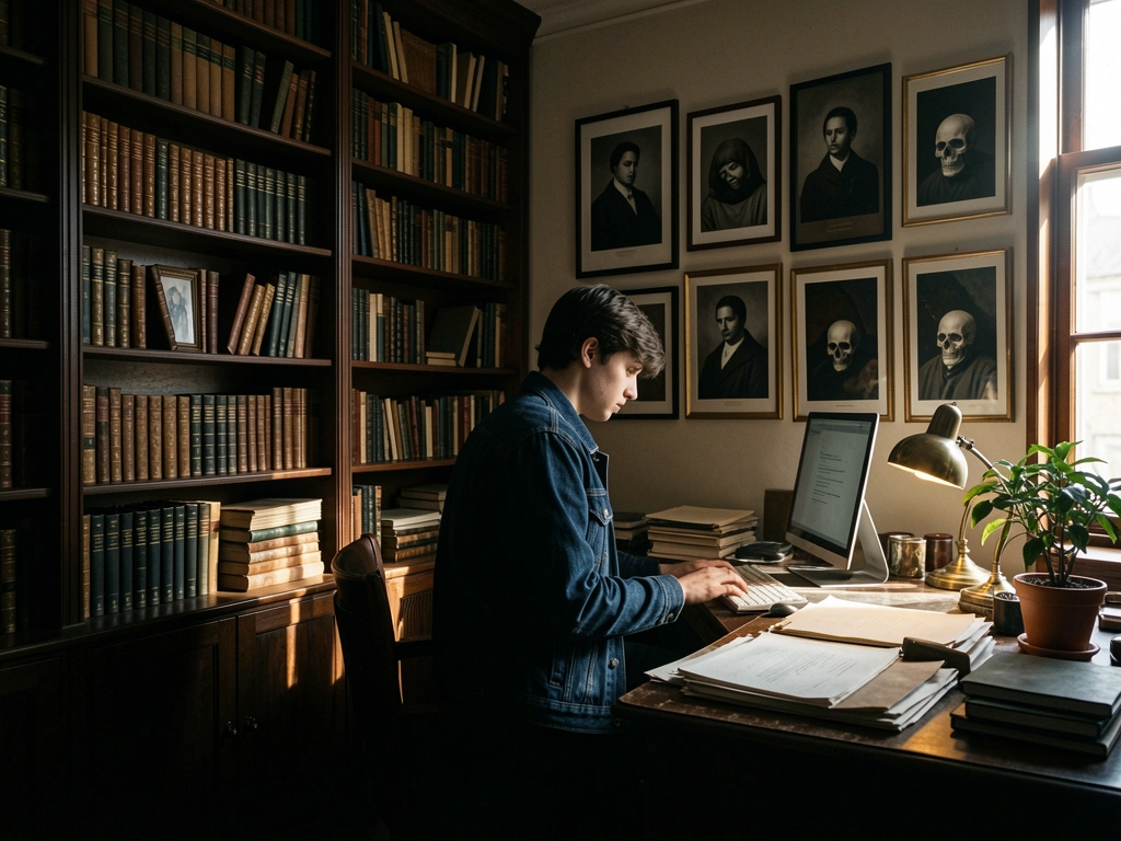 Estante alta com livros antigos e retratos, jovem de jaqueta jeans em mesa de madeira iluminada por tela de computador, luz natural filtrada por janela.