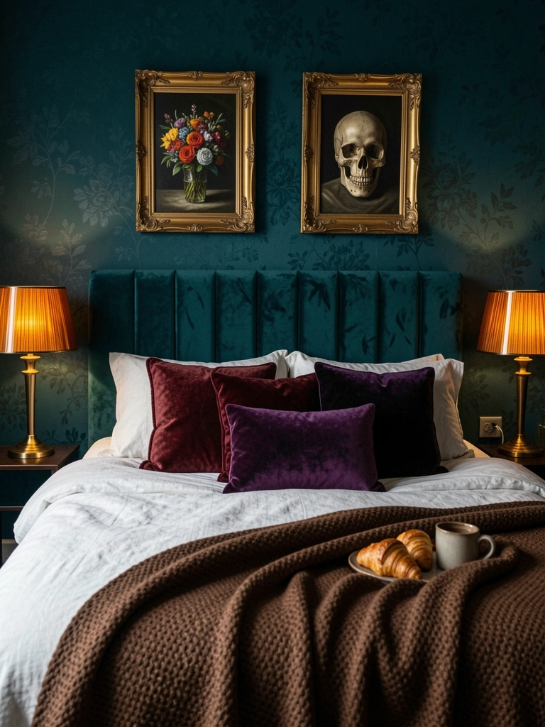 Cama com edredom branco e almofadas vinho sobre colcha texturizada marrom, papel de parede azul-marinho com estampa floral e retratos emoldurados em ouro.