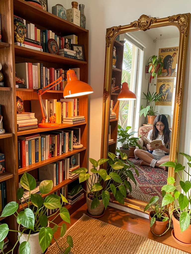 Abajur laranja vintage ilumina estante de madeira com livros e objetos; moldura dourada reflete moça lendo no tapete.