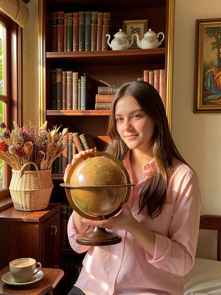 Luz natural incide sobre mulher de camisa rosa clara segurando globo de madeira vintage, estante com livros antigos, flores secas e bule.