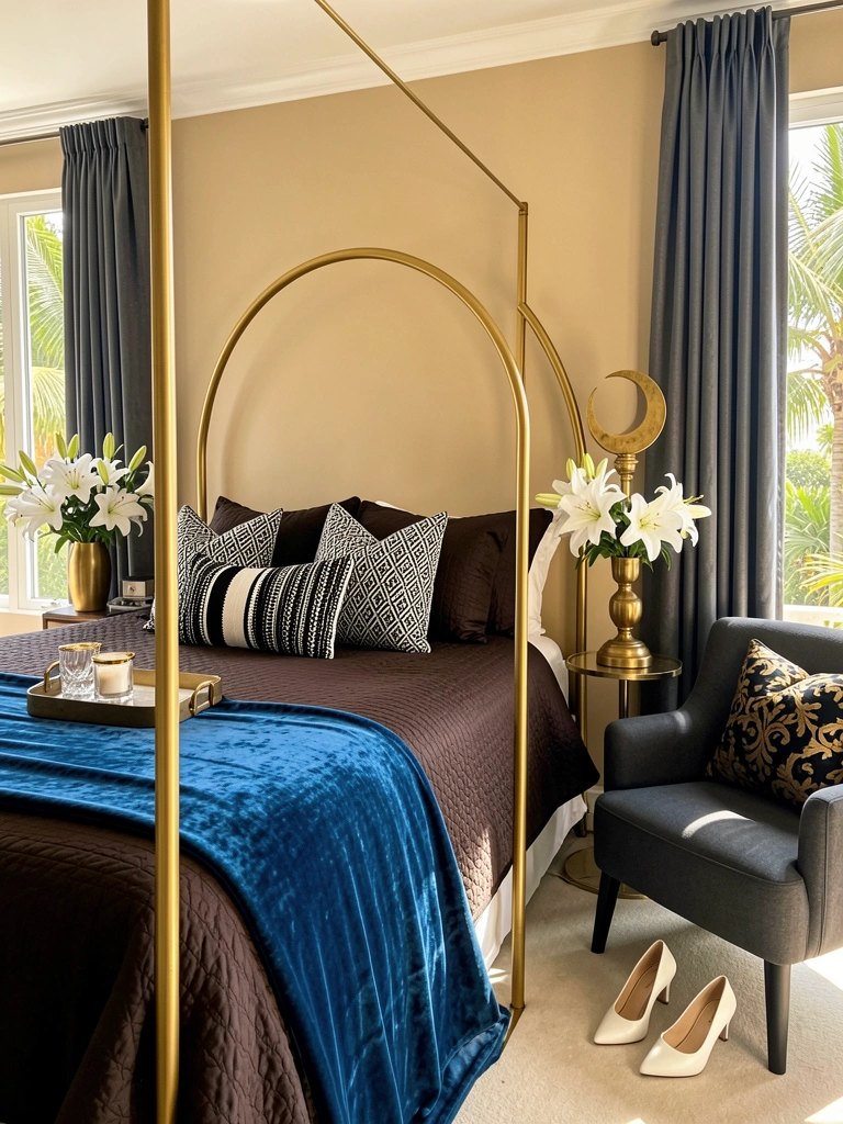 Cama com dossel dourado e colcha marrom, travesseiros listrados e almofada azul, abajur dourado com cúpula crescente, lírios brancos no vaso dourado, luz natural filtrada por cortinas cinza.