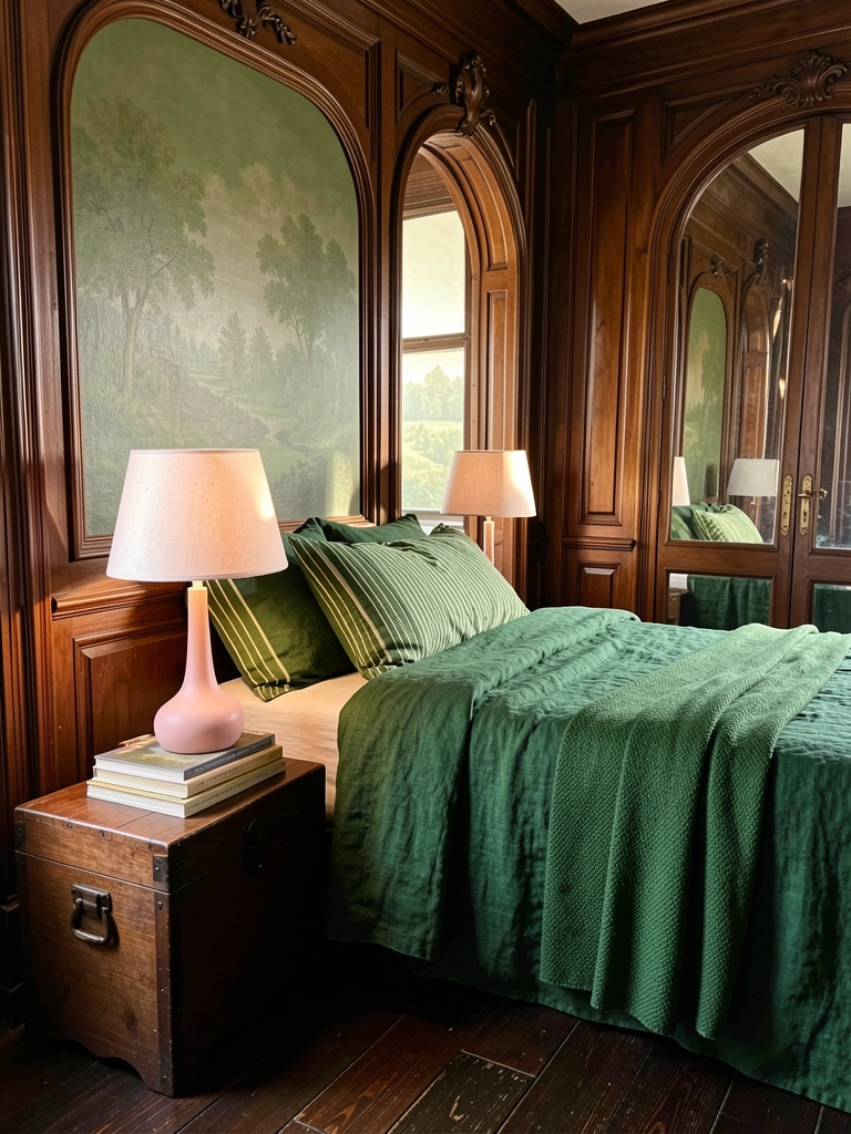 Quarto com painel verde musgo pintado à mão, cama com colcha verde e fronha listrada, abajur rosa sobre livros e baú de madeira no chão escuro.