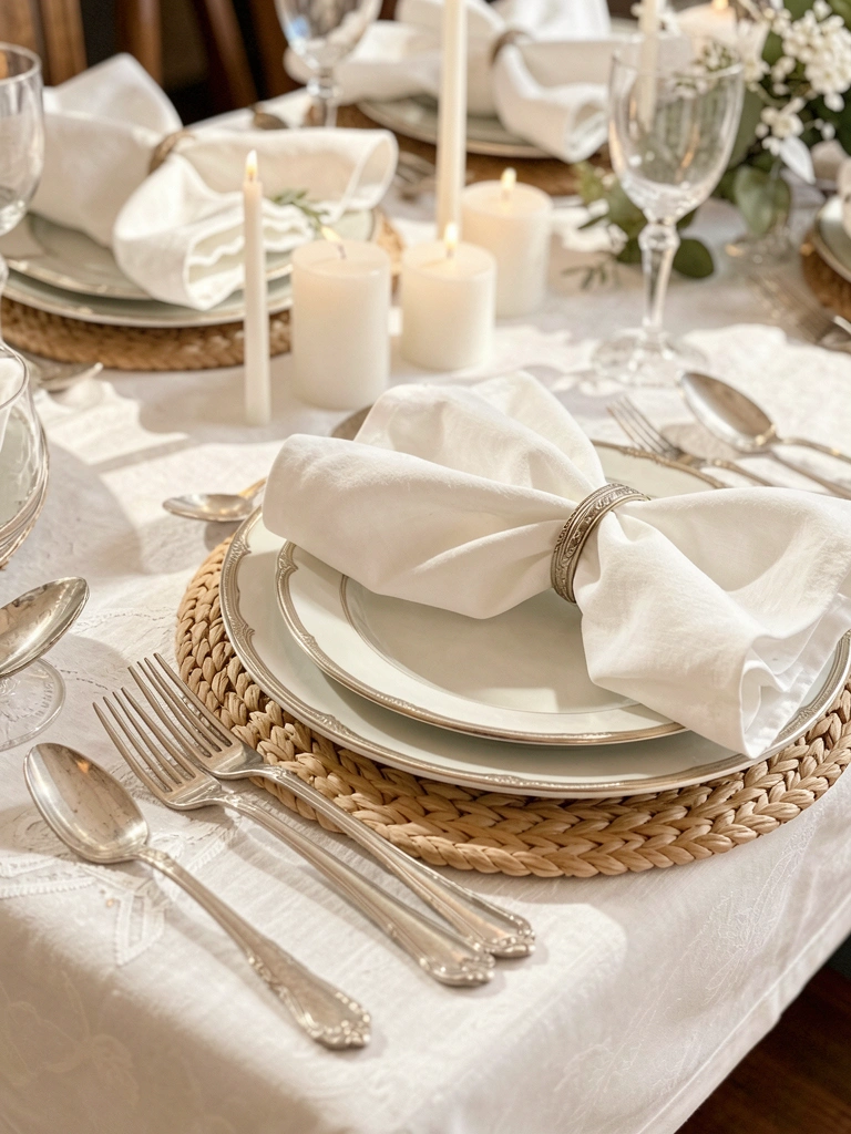 Mesa posta com toalha branca, talheres de prata e pratos de porcelana sobre descanso de palha trançada, luz natural difusa destacando as texturas.