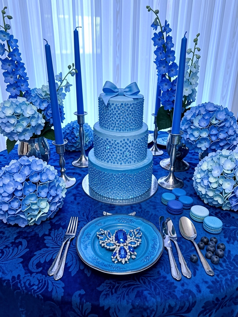 Mesa com toalha azul adamascada, arranjos de hortênsias e delfínios, velas azuis em castiçais de prata, bolo decorado com cristais e laço azul, broche de safira e diamante sobre prato azul, luz difusa de cortinas brancas.