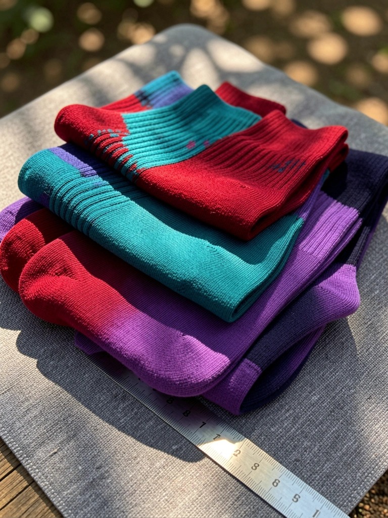 Meias coloridas empilhadas em tecido cinza, com fita métrica prateada e luz natural manchada de folhas.
