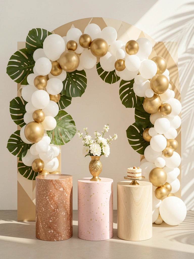 Arco com gradiente bege e creme, balões brancos e dourados e folhas tropicais, três mesas de pedestal marmorizadas à frente, vaso dourado com flores brancas e bolo miniatura, luz solar suave.