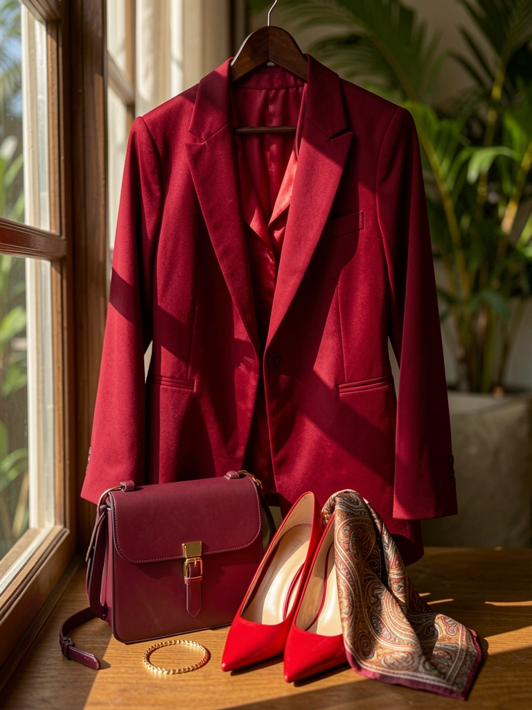 Blazer vermelho escuro em cabide de madeira sobre blusa de seda, bolsa burgundy com ferragem dourada, sapatos vermelhos e lenço paisley, luz natural com sombras longas.