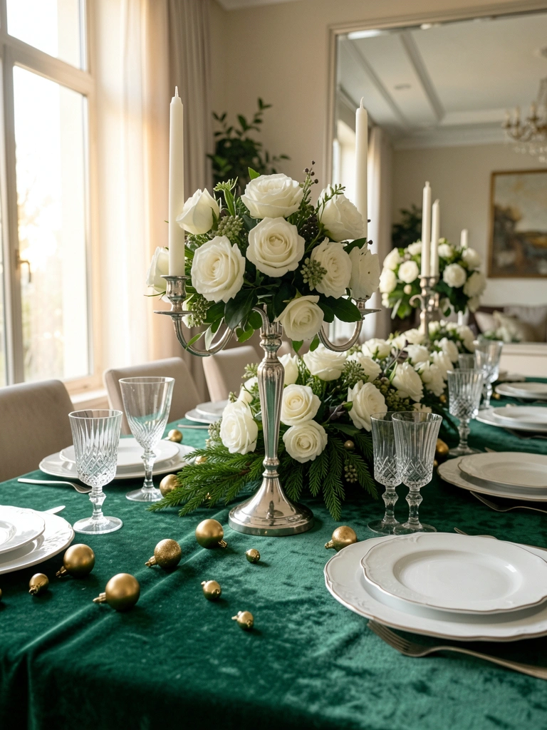 Longa toalha verde-esmeralda sobre mesa, candelabro de prata com rosas brancas e copos de cristal, luz natural suave refletida em espelho.