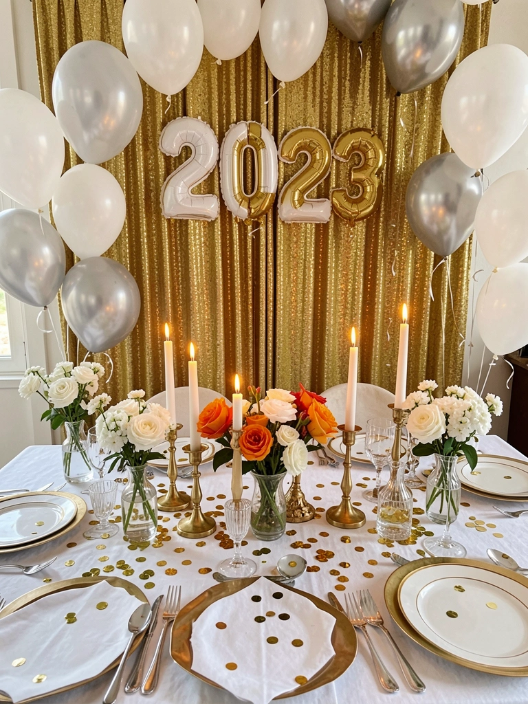 Mesa posta com toalha branca, pratos com borda dourada, velas acesas e buquês de flores brancas; ao fundo, cortina dourada com número 2023 e balões prateados.