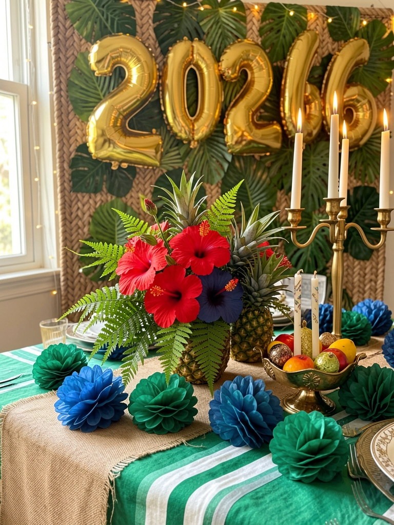 Mesa com toalha verde e branca, centro de mesa tropical com hibiscos vermelhos, abacaxi e samambaias, balões dourados 