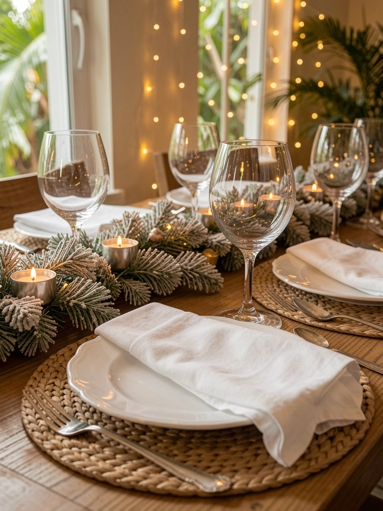 Mesa de jantar com pratos brancos, talheres prateados e guardanapos de linho; guirlanda de pinus com velas e luzes de fada ao fundo.