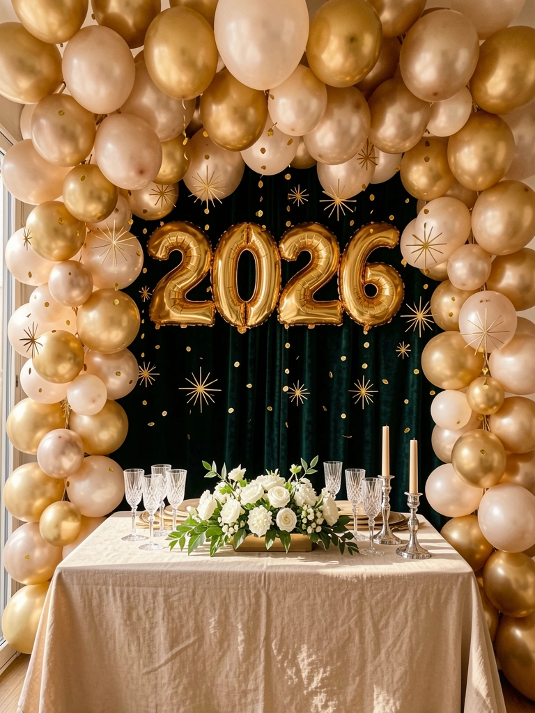 Balões dourados e champagne pendem do teto, banner 