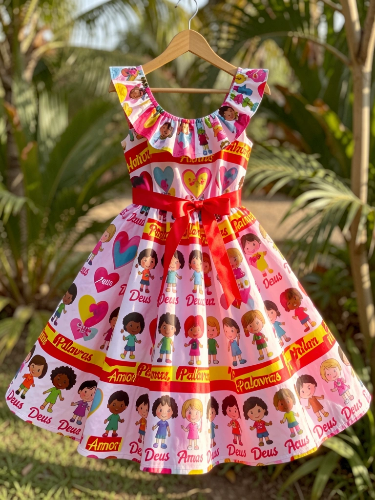 Vestido rosa vibrante com estampa de corações, crianças e palavras 