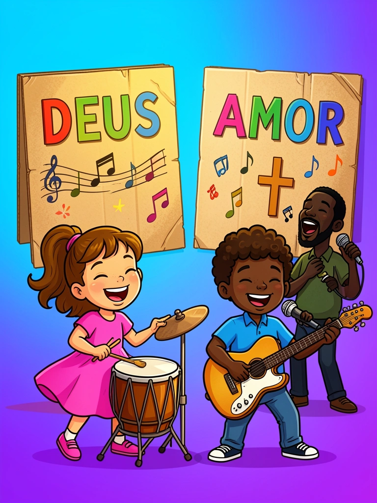 Crianças tocando violão e bateria em frente a cartazes com 