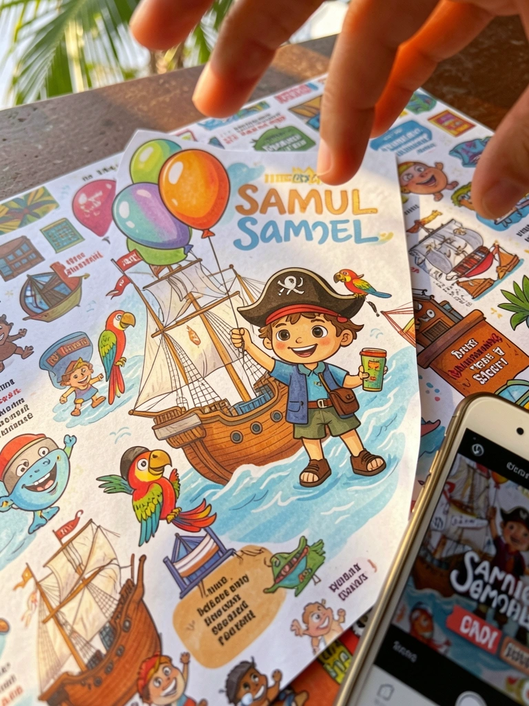 Convite colorido de aniversário com menino pirata Samuel, balão, navio e papagaio, sobre papel estampado, com mão e smartphone ao lado, luz natural.