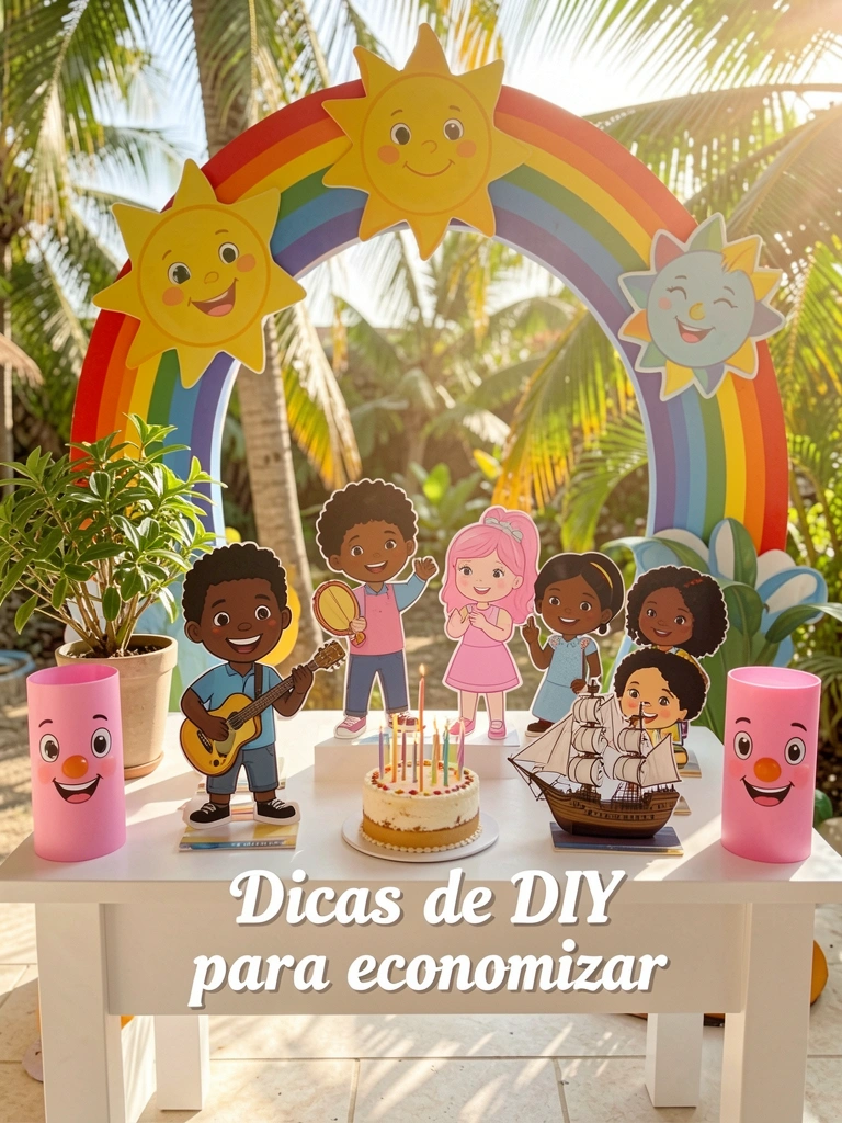Arco decorado com sol e arco-íris, mesa branca com recortes de personagens diversos, bolo com velas e navio pirata de brinquedo, luz natural.